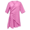 thumbnail image 5 of Vestido mediano de manga corta con cuello en V de lino para mujer: color liso, cómodo, se ajusta a la talla, para la playa o para llevar por la calle; tallas S-XXXL, 5 of 5