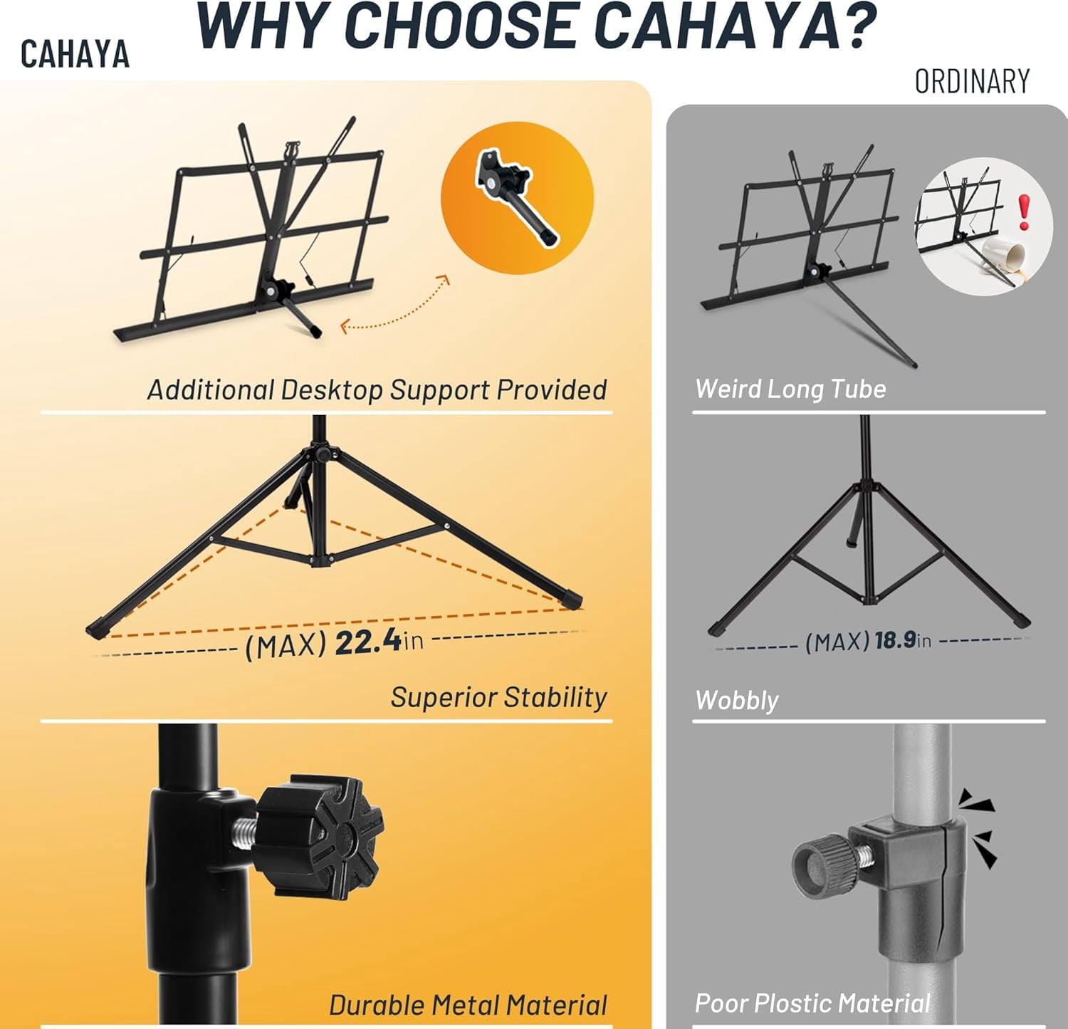 CAHAYA Portable Sheet Music Stand: Dual Use Desktop Book Holder Folding Lightweight Extra Stable Reinforced with Carrying Bag and Clip for Students Musicians Height Adjustable up to 67" CCMS0305