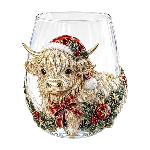 Qjidjing 15oz Highland Cow Glass Cup, Christmas Decorative Stemless Wine Glass for Cocktails, Milk, Party, Holiday Decor