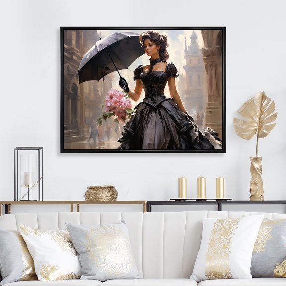 Designart "50s Charm Pink and Black Woman Portrait with Umbrella I" Fashion Framed Wall Art - Glam Pink Woman Victorian Hallway Framed Wall Art Decor