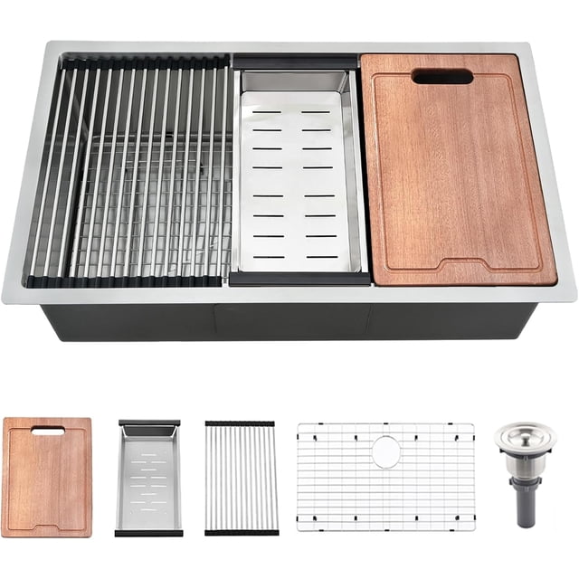 Poste de Travail Encastré Évier de Cuisine - Évier de Cuisine Encastré Poste de Travail en Acier Inoxydable Jauge d'Évier Bol Profond Simple Évier de Cuisine avec Accessoires
