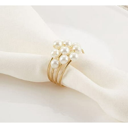 

Fennco Styles Elegant Faux Pearl Beads Napkin Rings Set of 4 - Gold Metal Napkin Holders for Home Dining Room Banquet Wedding Holiday Décor and Special Occasion