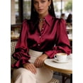 thumbnail image 3 of Deago Women's Satin Silk Blouses Puff Lantern Long Sleeve Shirts Button Down Collared Dressy Work Business Casual Tops Fall Clothes (Red, 2XL), 3 of 9