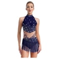 thumbnail image 1 of inlzdz Femmes Strass Franges Col Montant Sans Manches Justaucorps à Franges Robe Latin Tango Salsa Jazz Bleu Marine TP, 1 of 6