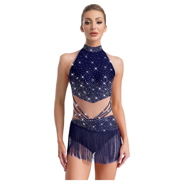 inlzdz Femmes Strass Franges Col Montant Sans Manches Justaucorps à Franges Robe Latin Tango Salsa Jazz Bleu Marine TP
