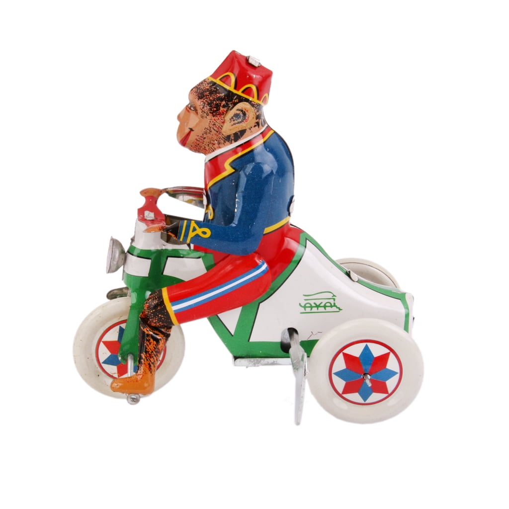 lovely Plastic Wind-Up Clockwork Running Animal Monkey On Tricycle Baby Kid Toy 