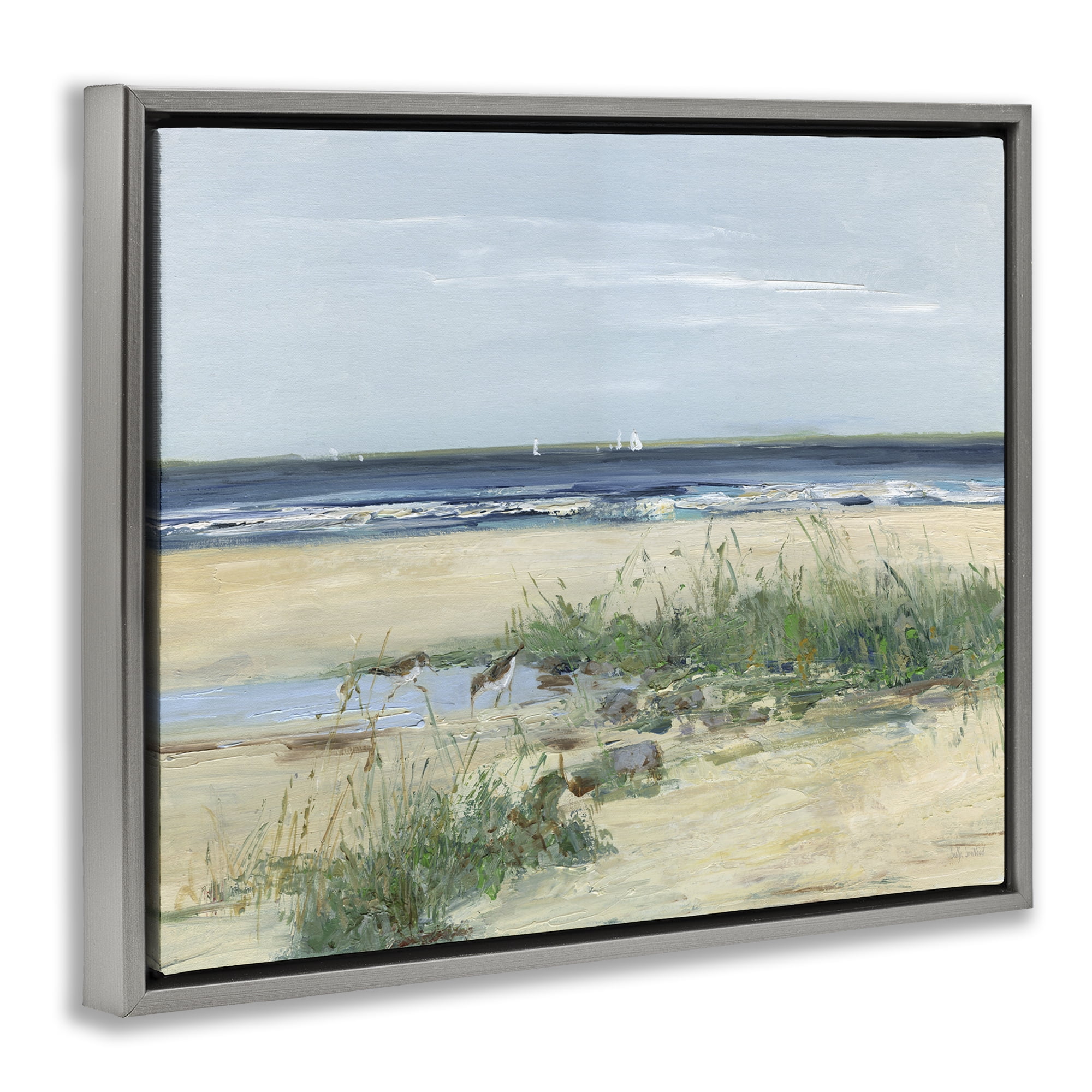 Stupell Industries Beach Marsh Sandpipers Gray Framed Floater Canvas Wall Art, design by Sally Swatland
