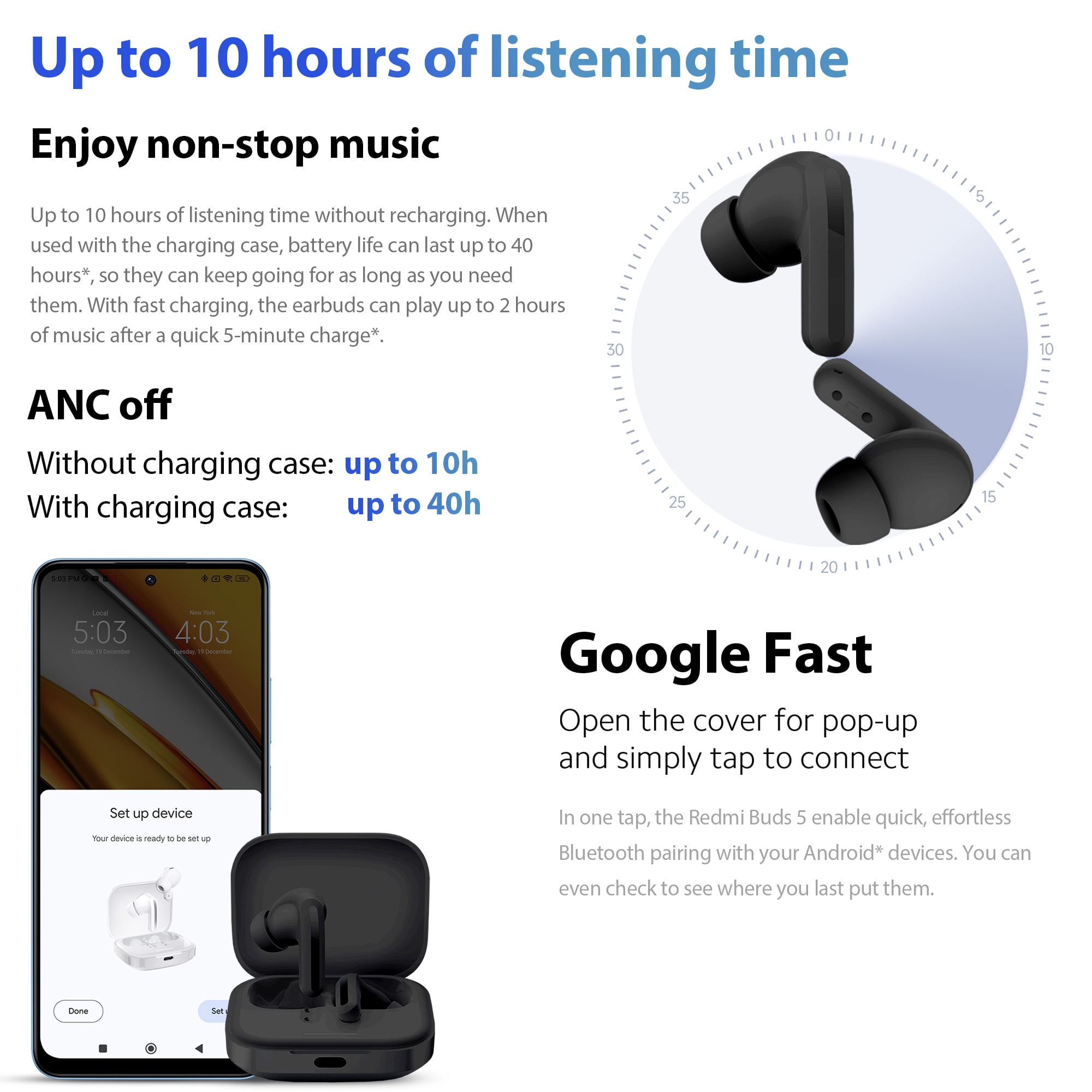 Xiaomi Redmi Buds 5 Active Noise Canceling Wireless In Ear Earbuds with Charging Case, Black
