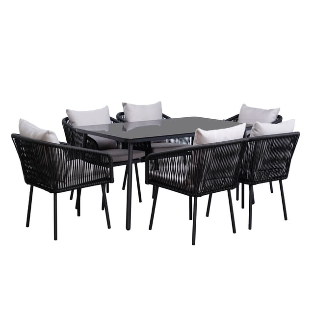 Set de Exterior Samui Relan 6 Sillas + Mesa de Ratán y Acero Color Negro