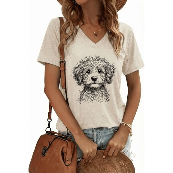 VNJQPG Cute Dog Sketch tshirts shirts for women V Neck Graphic-V2-Beige,L