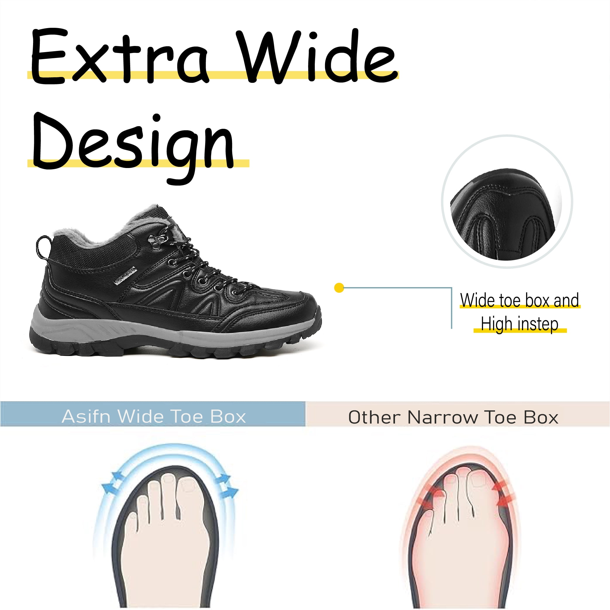 Mens Hiking Snow Boots Padded Warm Cotton Shoes Non-slip Lightweight Sneakers Waterproof Fur Lined Bare Boots Black 7.5 UK