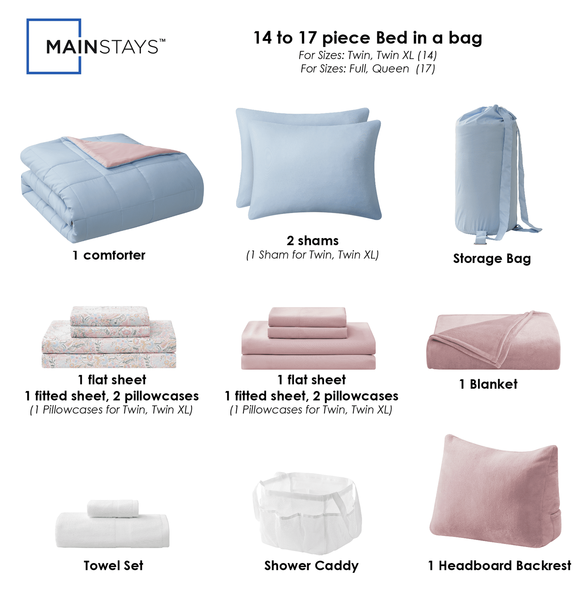 14pc College Dorm Essentials Bundle, Twin-XL, Reversible Bed in a Bag Comforter Set, Light Blue and Pink
