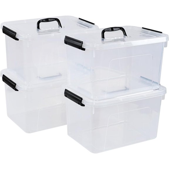 4-Pack 10 L Plastic Latching Storage Bin, Clear Storage Box Bin with Handle