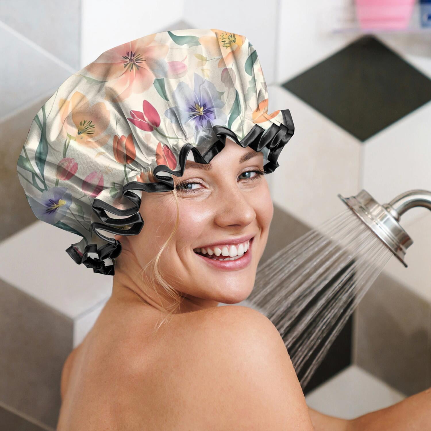 Shower Caps,Pioneer Flower Floral Print Pattern Waterproof Shower Cap for Women 4 Pieces,Double Reusable Hair Cover for Shower PEVA Elastic Stretch Hem