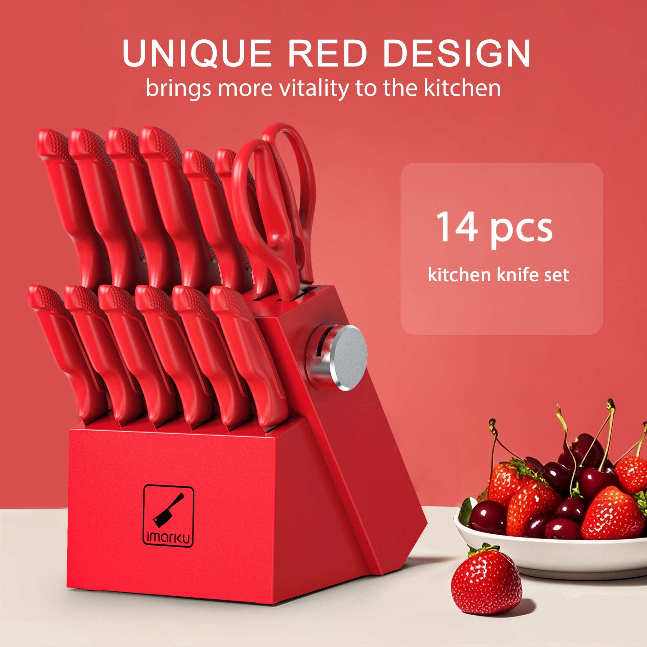 imarku 14-Piece Stainless Steel Kitchen Knife Block Set with Ergonomic Handles,Best Holiday Gifts,Red,Fathers Day Gifts