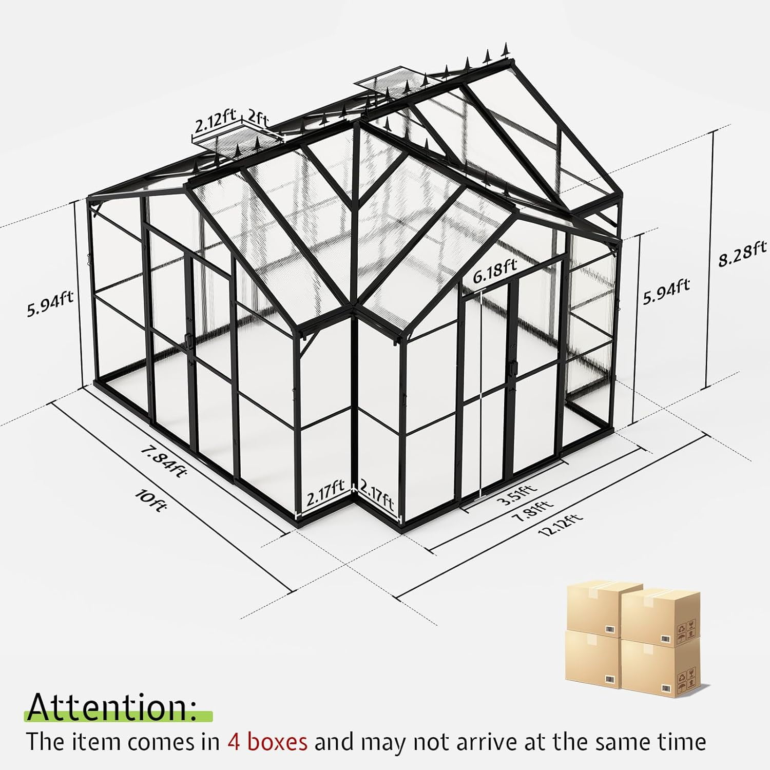 Jocisland Chalet Greenhouse 12x10x8 ft with Quick-Connect Fittings, for Outdoors Garden Backyard, Walk-in Aluminum Greenhouse with 2 Vents, Black