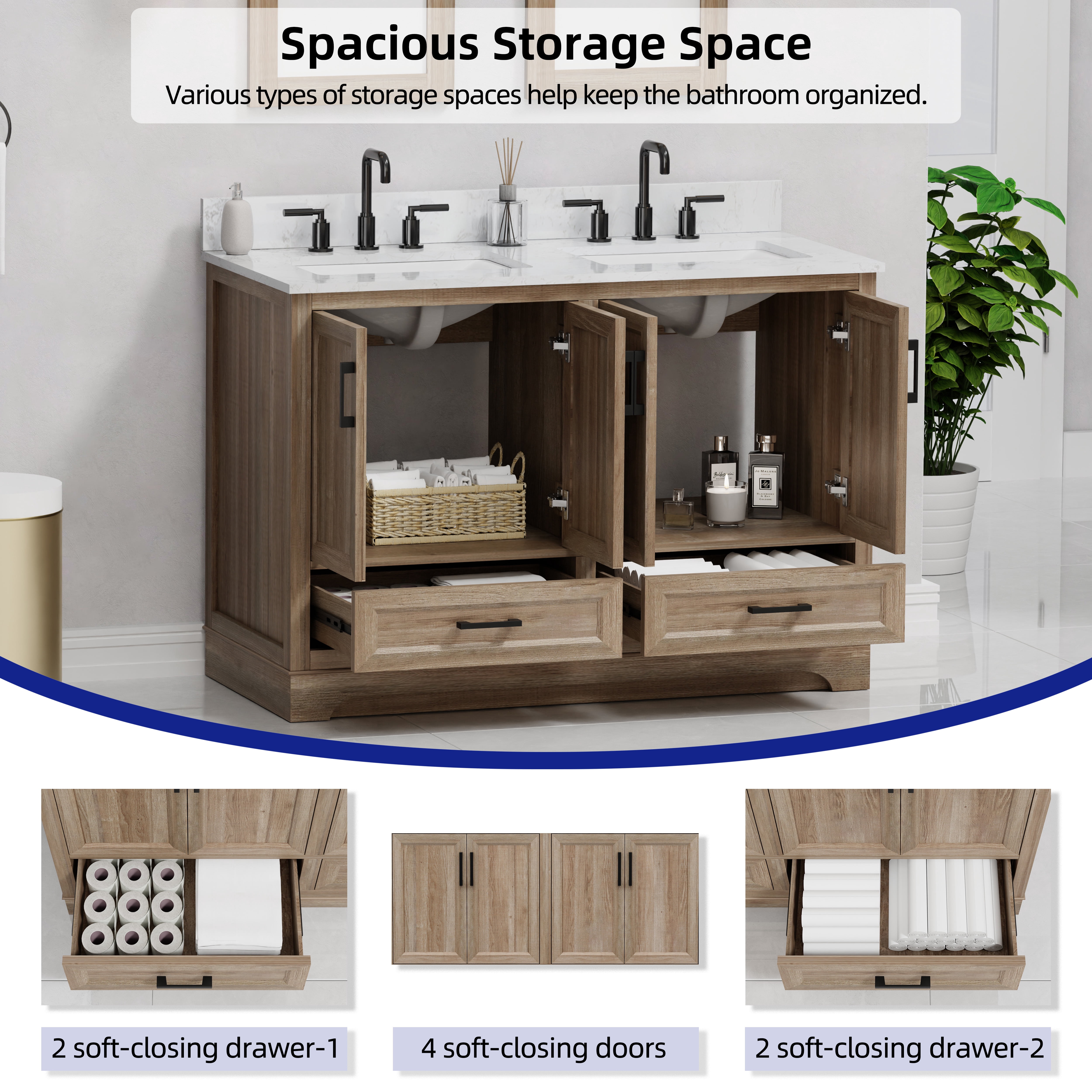 Retford 48" Double Bathroom Vanity, 49" W x 22" D x 34.5" H, Carrara White Engineered Marble Top with 2 Sinks & Backsplash, Light Wood, MDF, Pre-Assembled, Soft-Closing Drawers and Doors.