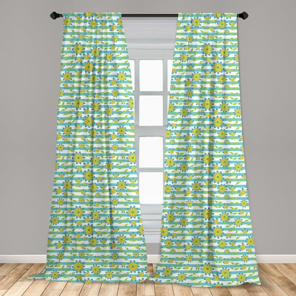 Floral Curtains 2 Panels Set, Summer Flowers and Leaves on Striped Background, Window Drapes for Living Room Bedroom, 56"W X 84"L, Seafoam Mustard, by Ambesonne