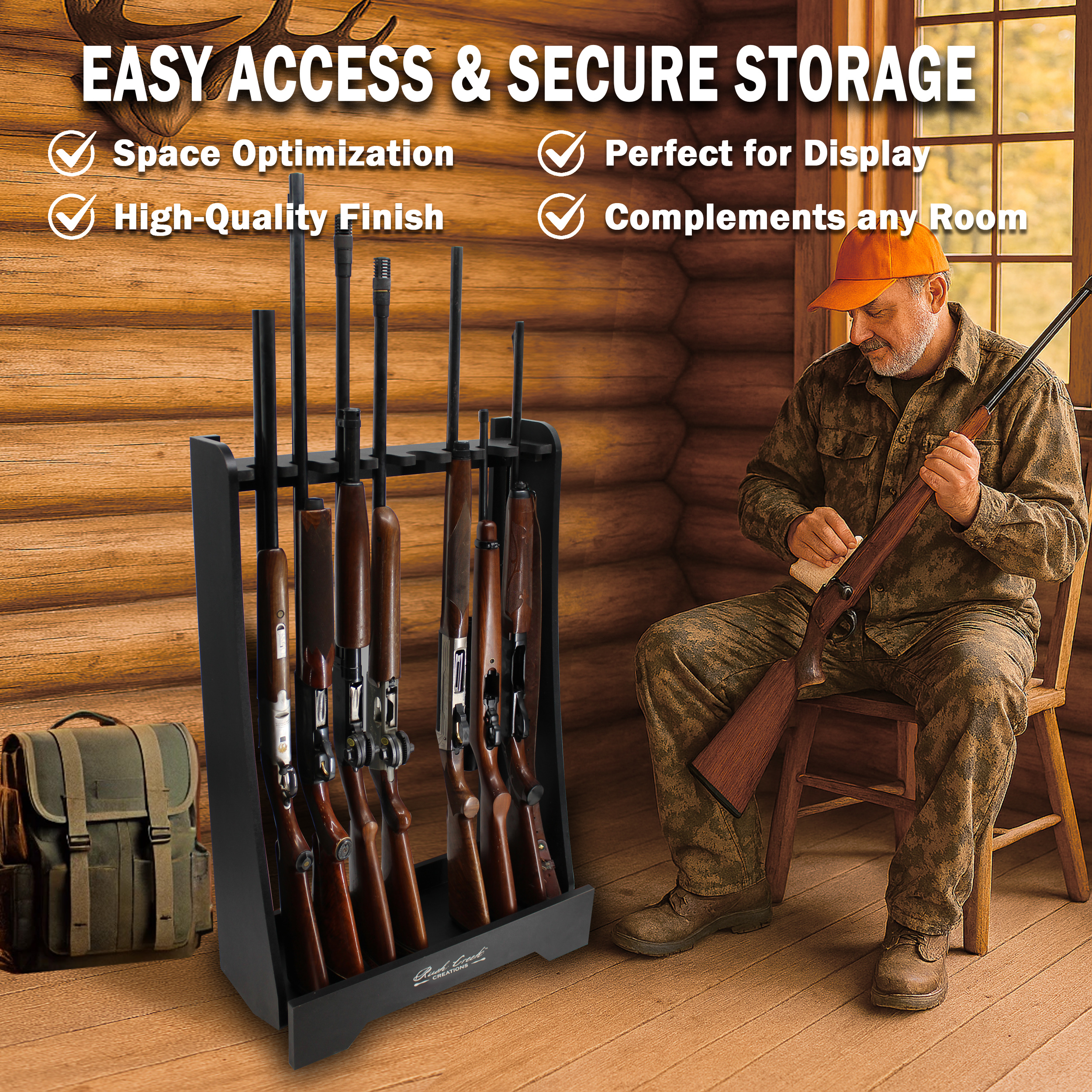 Rush Creek Creations Freestanding Indoor and Barn Wood 8-Gun Rack for Rifles or Shotguns, Gun Storage for 8 Real Guns, Alternative to Gun Safe for Rifles, Black