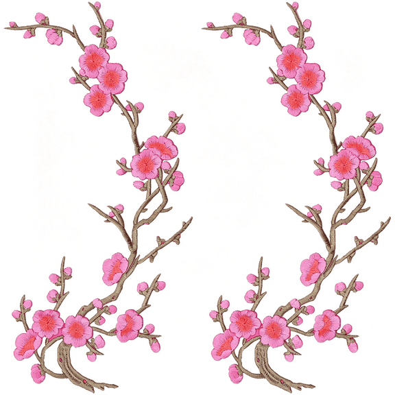 TUWAFE 2 Pcs Pink Vintage Plum Blossom Iron on Patch, Embroidery Flower Vines Sew on Patches, Embroidered Floral Appliques for Wedding Dress Decoration Repair Diy Craft