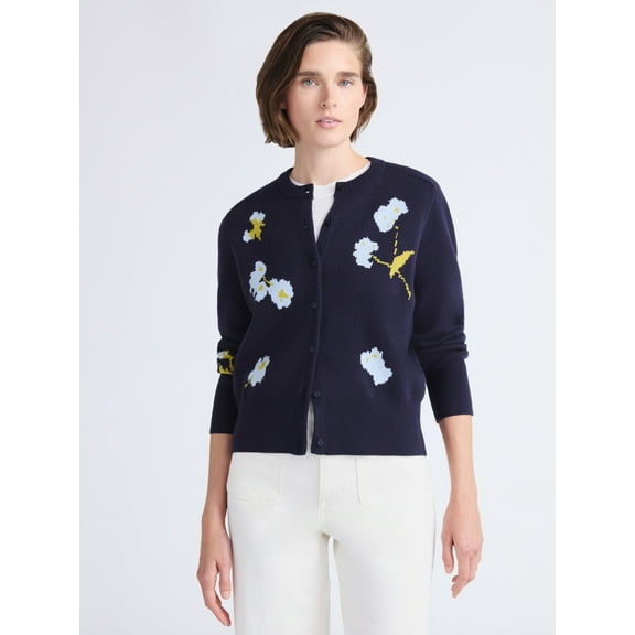 Free Assembly Women's and Women's Plus Floral Jacquard Shrunken Cardigan Sweater, Midweight, Sizes XS-XXL