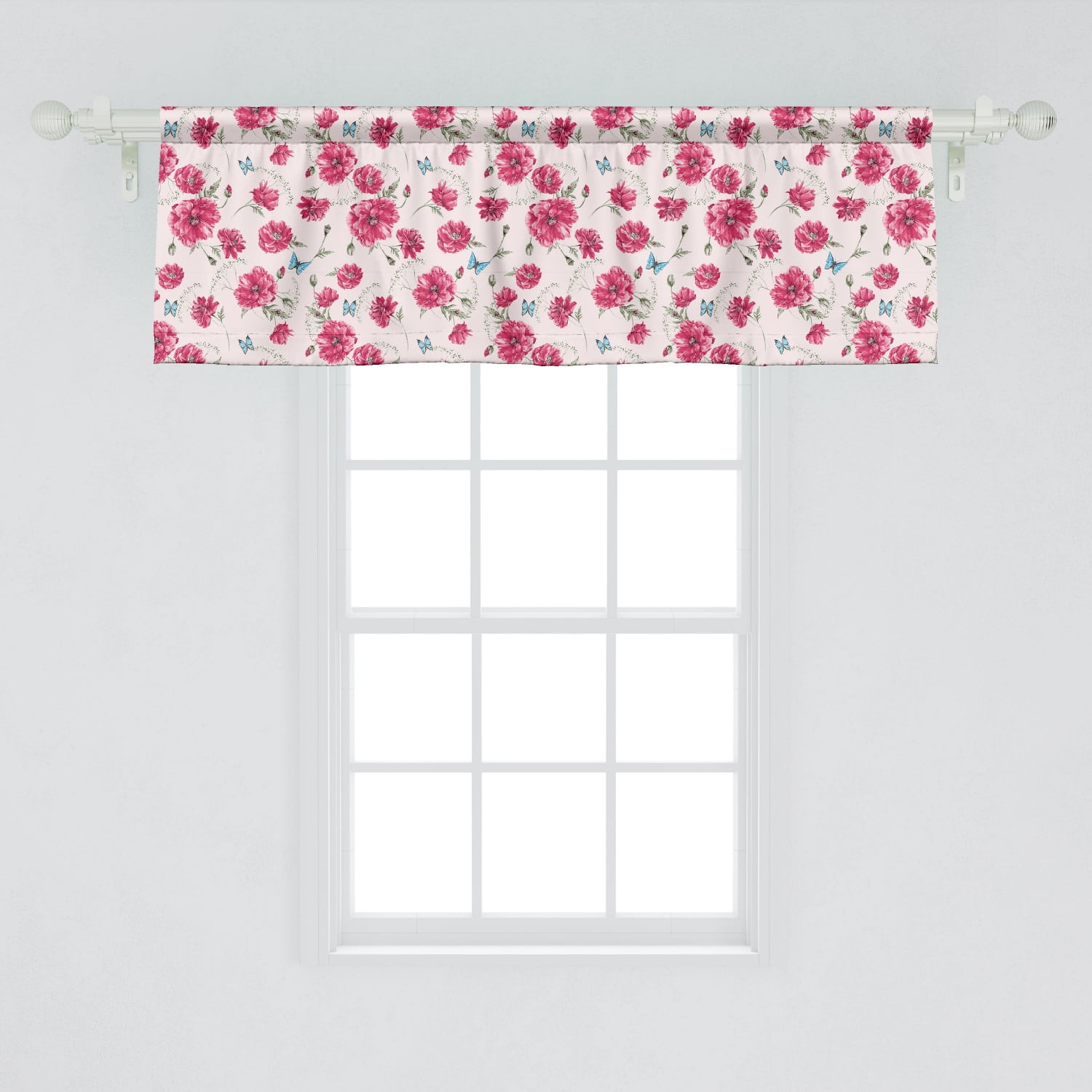 Ambesonne Aqua and Pink Window Valance, Gentle Poppies of Summer on