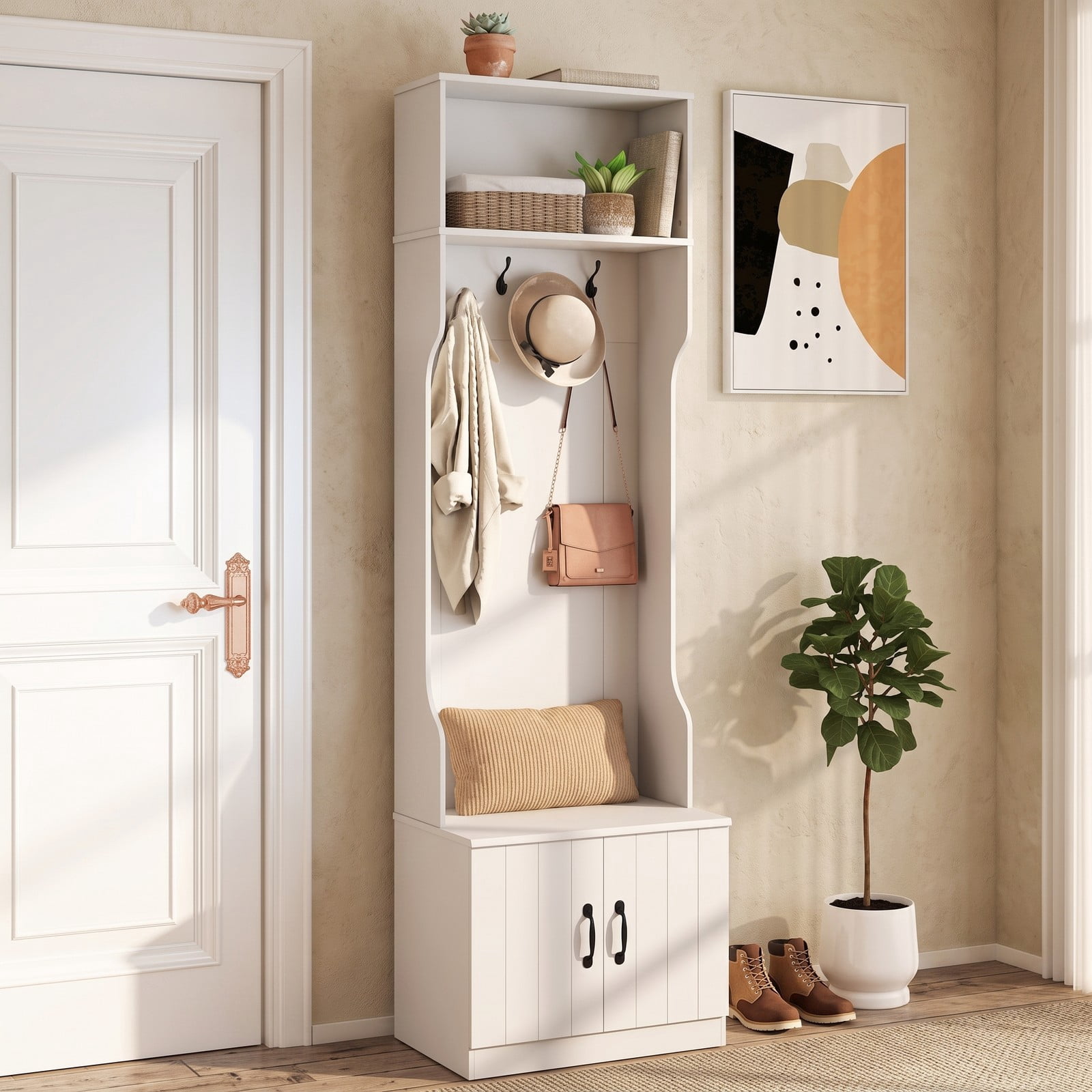 Furnibear 3 in 1 Hall Tree with Bench Shoe Cabinet and 4 Double Hooks 23.5 Inch Wide Mudroom Storage for Entryway, White