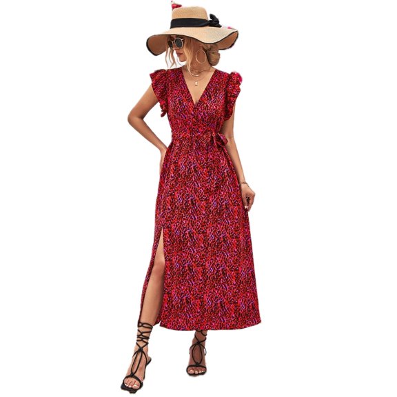 Women's Printed Surplice Neck Flutter Sleeve Midi Dress with Belted Waist and Slit 95% polyester 5% spandex daily