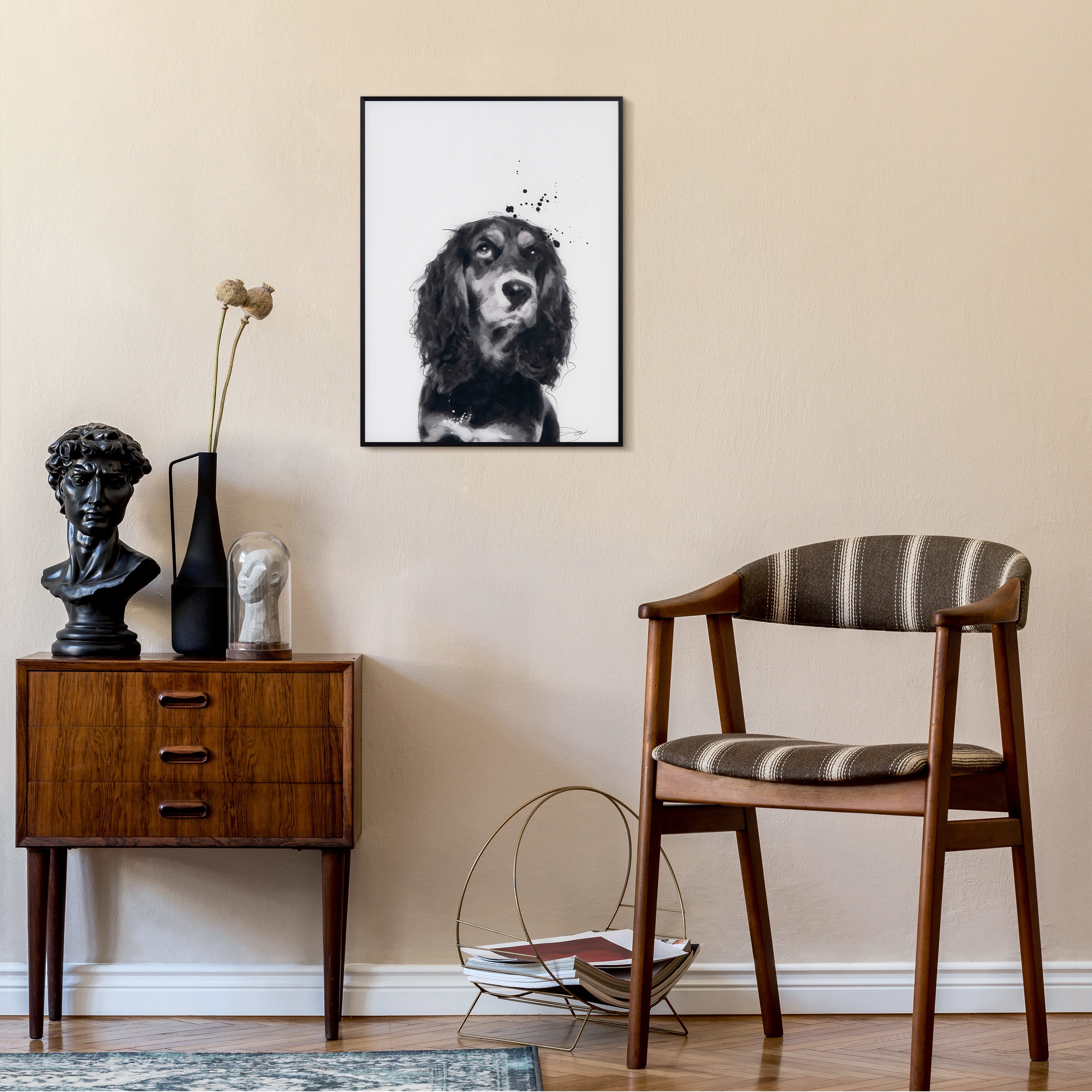 "Cocker Spaniel" Black and White Pet Portraits on Reverse Printed Art Glass, Minimally Encased on Black Anodized Aluminum Frame