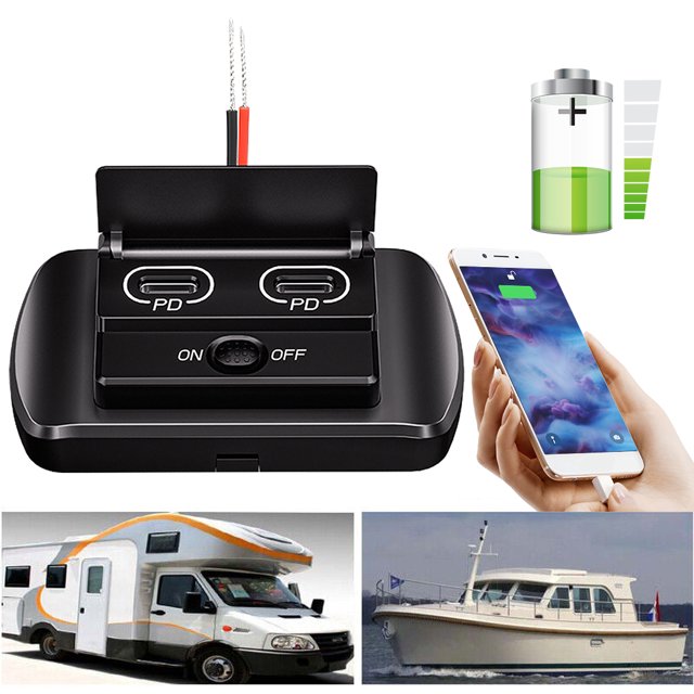 Adaptador Corriente Carga Rápida 12V/24V Puertos USB Duales QC3.0 PD Impermeable A Prueba Polvo
