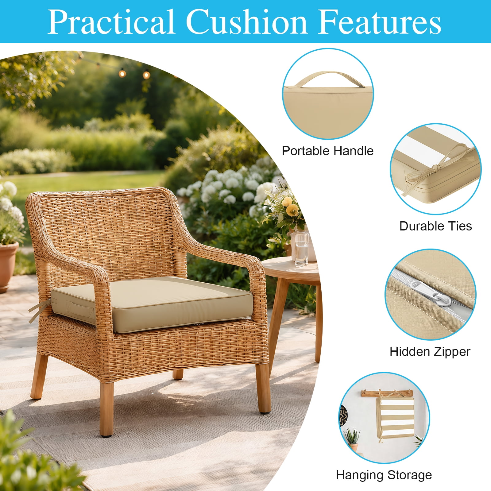 Jane Stone 2pcs Outdoor Seat Cushions with handle and Ties, 20" x 20" x 3" Water-resistant Outdoor Seat Pads Extra Thick Patio Chair Cushions for Patio Furniture - Beige