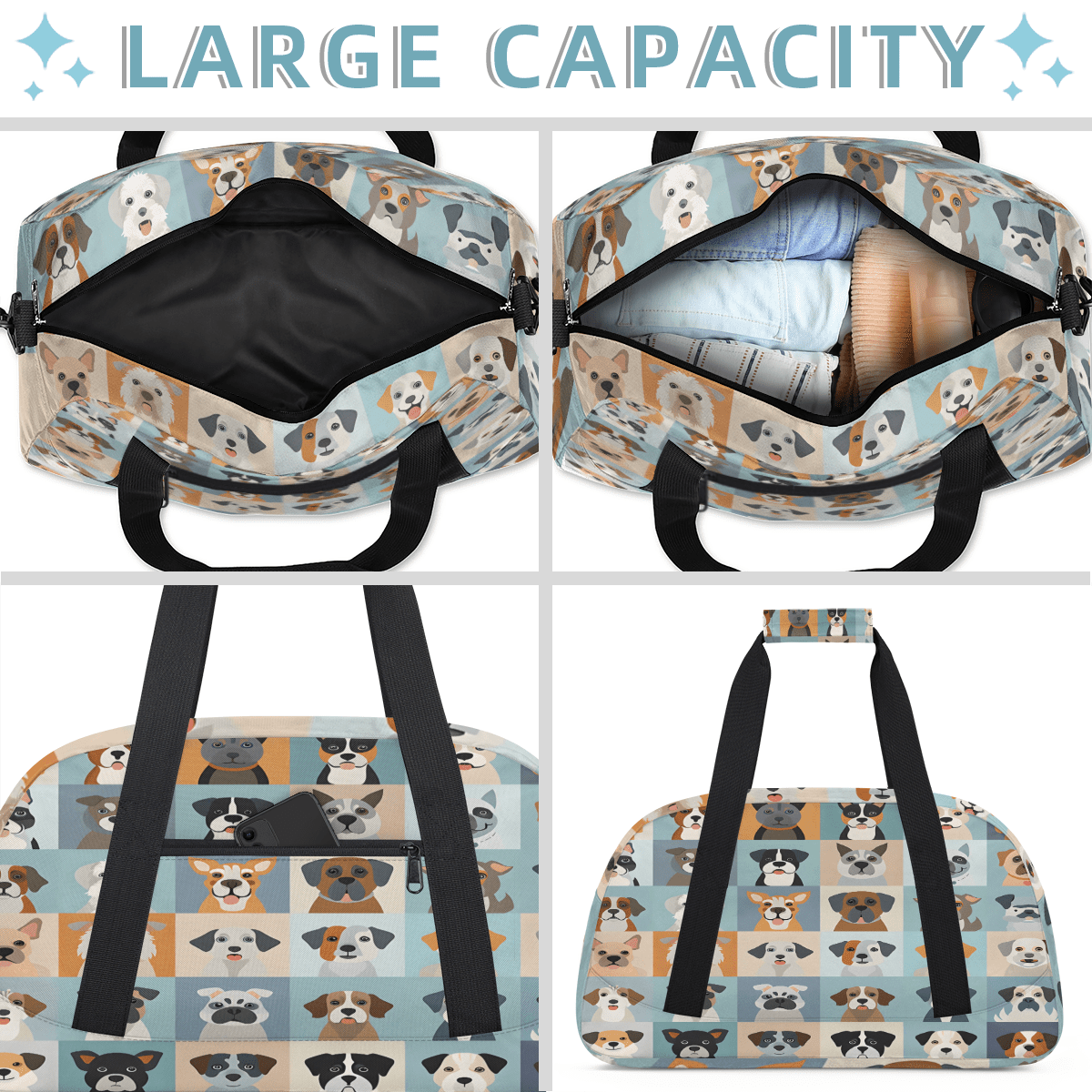 Herdesigns Cute Animal Dogs Puppy Sports Duffle Bag for Women & Men, Gym Bag Dance Bag Overnight Bag Carry On Weekender Travel Bag