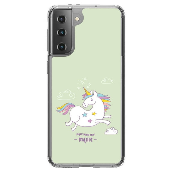 DistinctInk Clear Shockproof Hybrid Case for Galaxy S21  PLUS 5G (6.7" Screen) - TPU Bumper, Acrylic Back, Tempered Glass Screen Protector - Unicorn - Make Your Own Magic