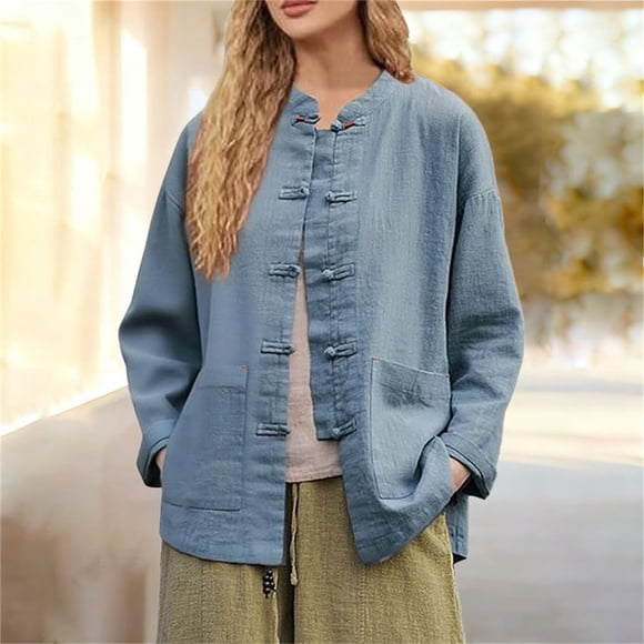 Outfmvch Chemises Grenouille Chinoise Bouton Grenouille Vintage Manches Longues Col Mandarin Blouses pour Femmes Chemises pour Femmes Chemise Unie Hauts Fendus sur les Côtés Chemise en Lin à Manches Longues Femme Marine 2TG