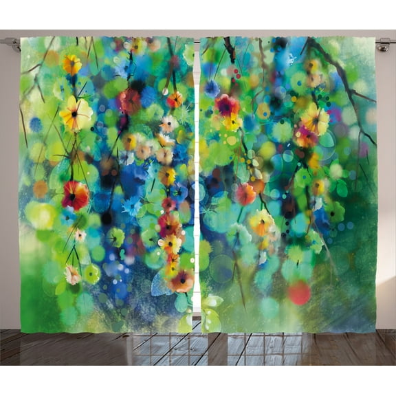 Ambesonne Floral Curtains 2 Panel Set, Colorful Flower on Tree, 108" x 84", Green Blue