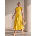 thumbnail image 3 of Women Round Neck Cap Sleeve Ruched Waist A-Line Midi Dress Solid Color for Party Vacation, 3 of 7
