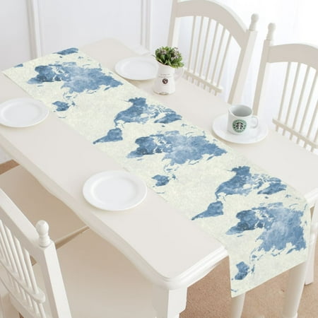 

MYPOP Watercolor Blue World Map Table Runner Home Decor 14x72 Inch Abstarct Art Splatter Painting Table Cloth Runner for Wedding Party Banquet Decoration