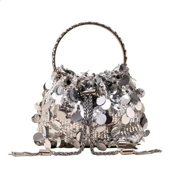 Evening Sequin Bucket For Women Round Metal Wrist Handbags Wedding Party Sier Chain Shoulder Bags Ladies Purses