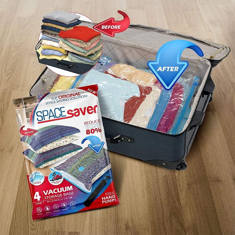 Spacesaver Premium Vacuum Storage Bags - 80% More Storage! Hand-Pump for Travel! Double-Zip Seal and Triple Seal Turbo-Valve for Max Space Saving! (Large, 4 Pack)