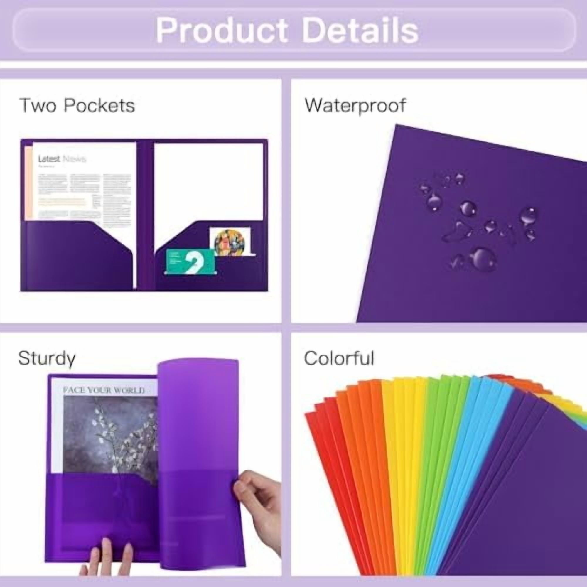Tekola 24pcs Folders with Pockets, Plastic Pocket Folders, 2 Pocket Folders with 2 Business Card Holder, 6 Colors, Letter Size, A4 Size, for Office, Teaching, Students and School