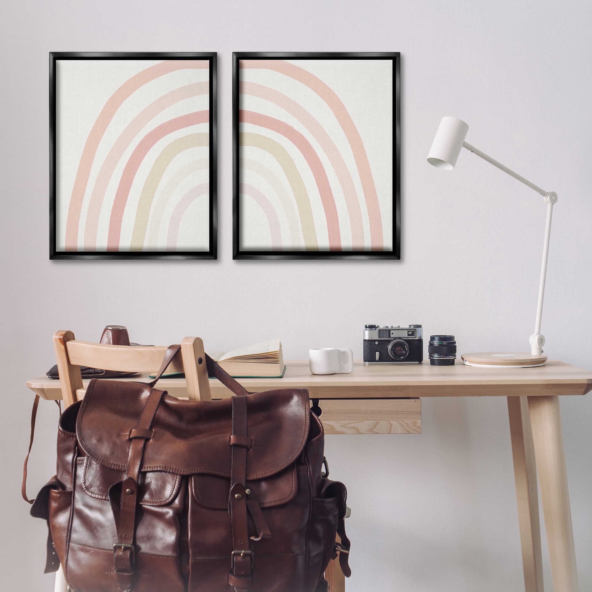 Stupell Industries Children's Soft Pastel Rainbow Shape Landscape Painting Black Floater Framed Canvas Art Print Wall Art, 25 x 31, Set of 2