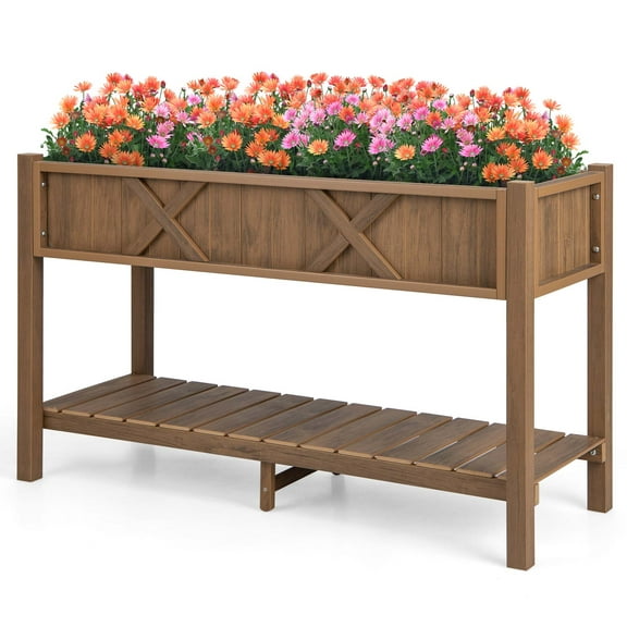 Costway HIPS Raised Garden Bed Poly Wood Elevated Planter Box with Legs, Storage Shelf Coffee