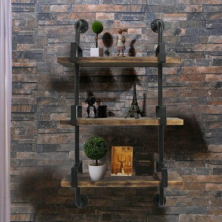 Floating Kitchen Shelves iKayaa 3-Tier Rustic Industrial Iron Pipe Wall Shelves W/ Wood Planks DIY Ladder Bookcase Storage Floating Shelf for Bathroom Kitchen ()