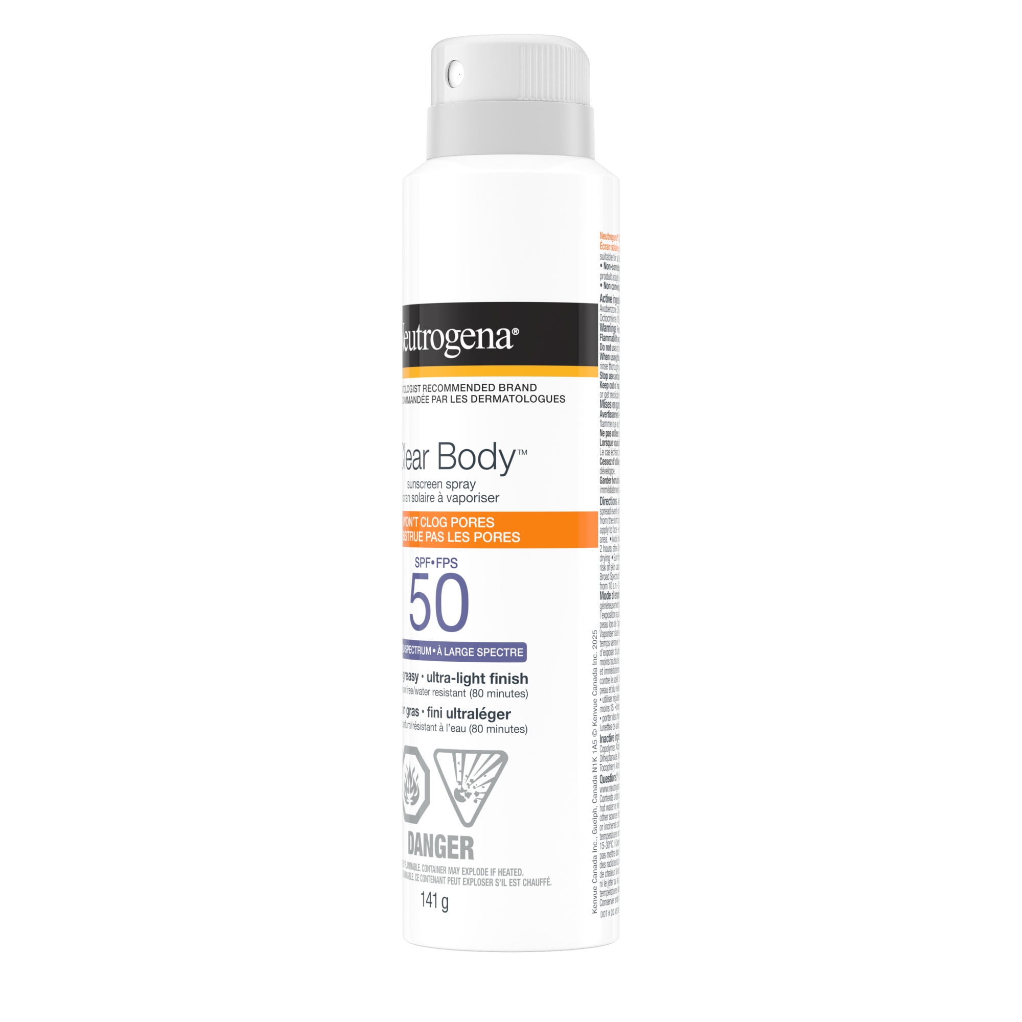 Neutrogena Clear Body Sunscreen Spray SPF 50, Non-Greasy, Broad Spectrum Full Body Sunscreen Ideal for Oily Skin Moisturizes & Cooling Sensation, 141G