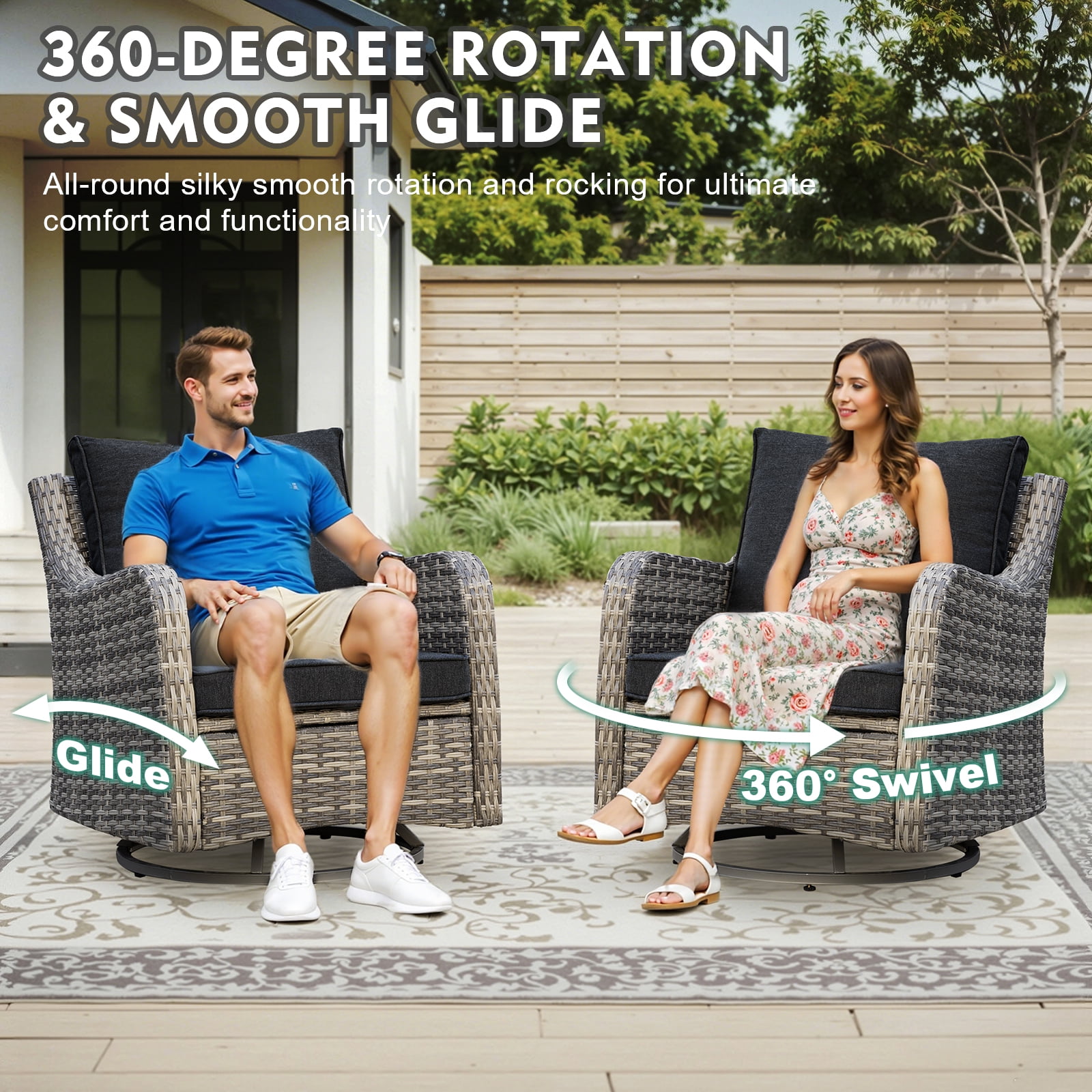 MEISSALIVVE 7 Pieces Patio Furniture Set with Dining Table, Outdoor Wicker Conversation Set with 2-Seat Sofa, Wicker Armrest Swivel Chairs, 2 Ottomans, Black