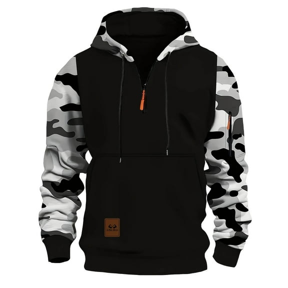 CONFREE Men's Hoodies Patchwork Camo Prints Hoodies For Men Half Zip Long Sleeve Fleeced Casual Pullover Hooded Sweatshirts With Pockets