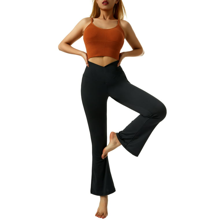 Womens 2 Piece Yoga Pants Ribbed Seamless Workout High Waist Bell Bottoms  Flare Leggings Black Darkgrey