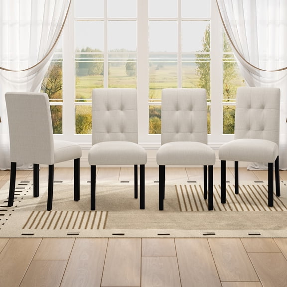 Modern Tufted Dining Chair Set of 4, Rustic Linen Upholstered with Black Rubber Wood Legs, Upholstered Accent Chair for Kitchen, Dining Room, Bedroom - Beige