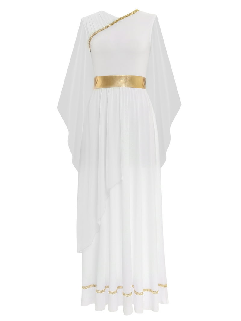 roman dress white and gold Yizyif Womens Halloween Toga Dress Ancient Greece Roman Queen Dress Up Chiffon Gold Trims Long Dress White S, Women's, Size: Small, Blue