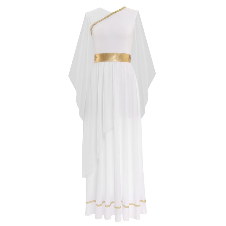 white and gold grecian dress Sheer Greek Goddess Gown With Gold Belt & Crown